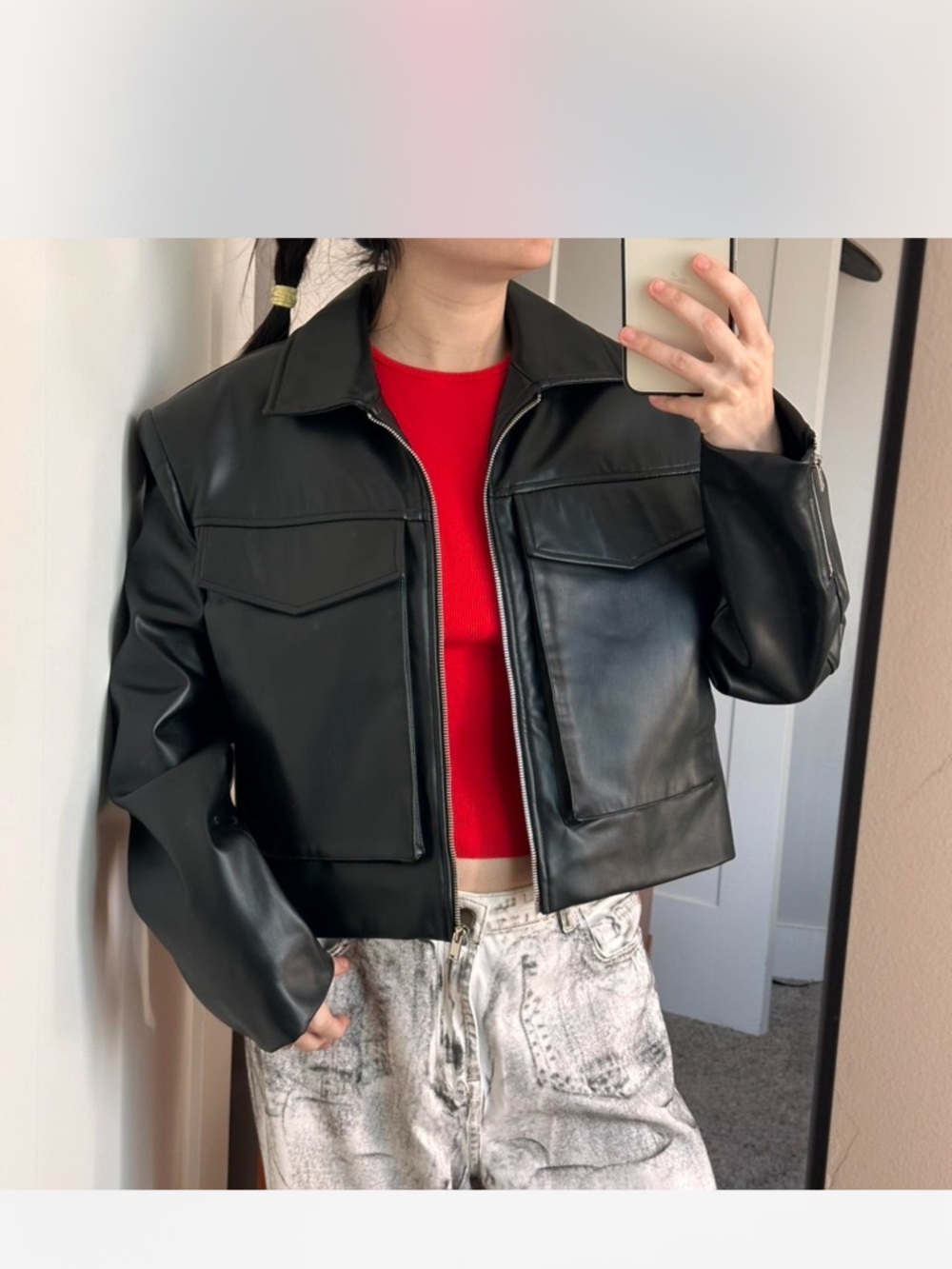 Cropped Black Faux Leather Jacket for Women